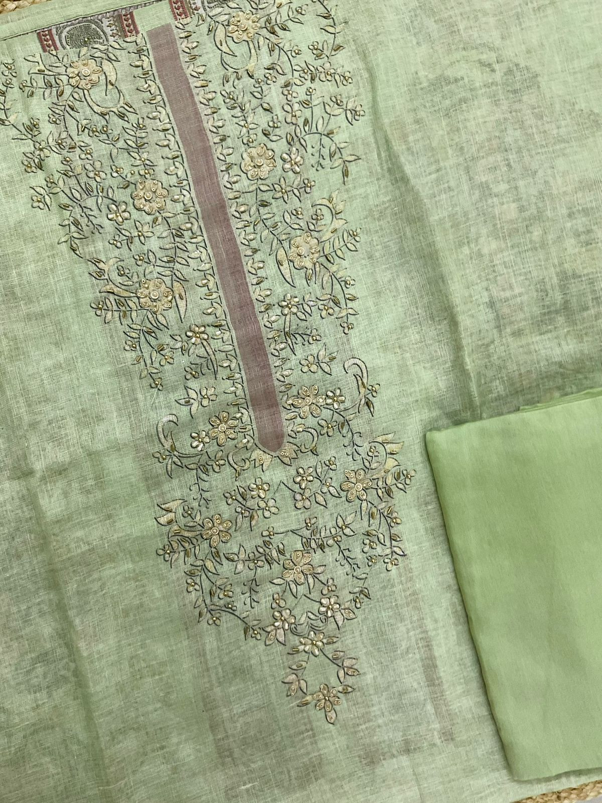 Soft Linen Jute Cotton Printed Embroidered Suit - Green