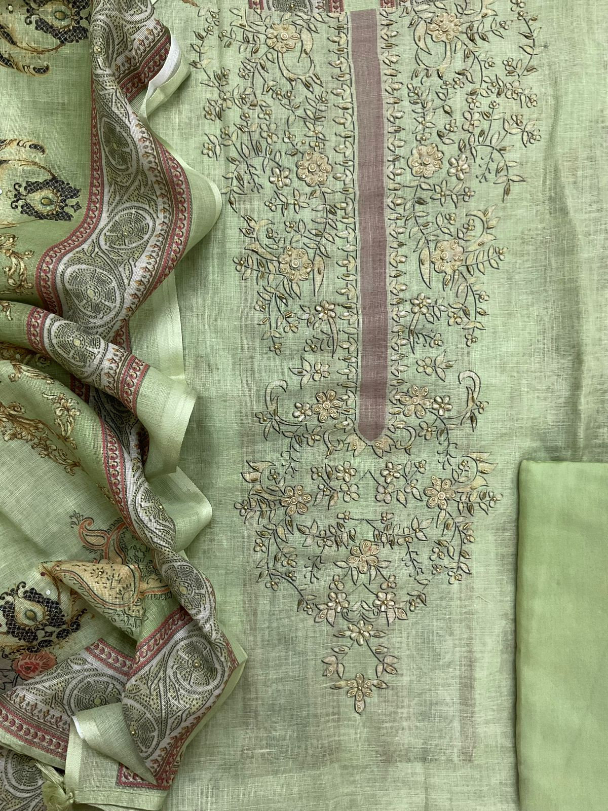 Soft Linen Jute Cotton Printed Embroidered Suit - Green