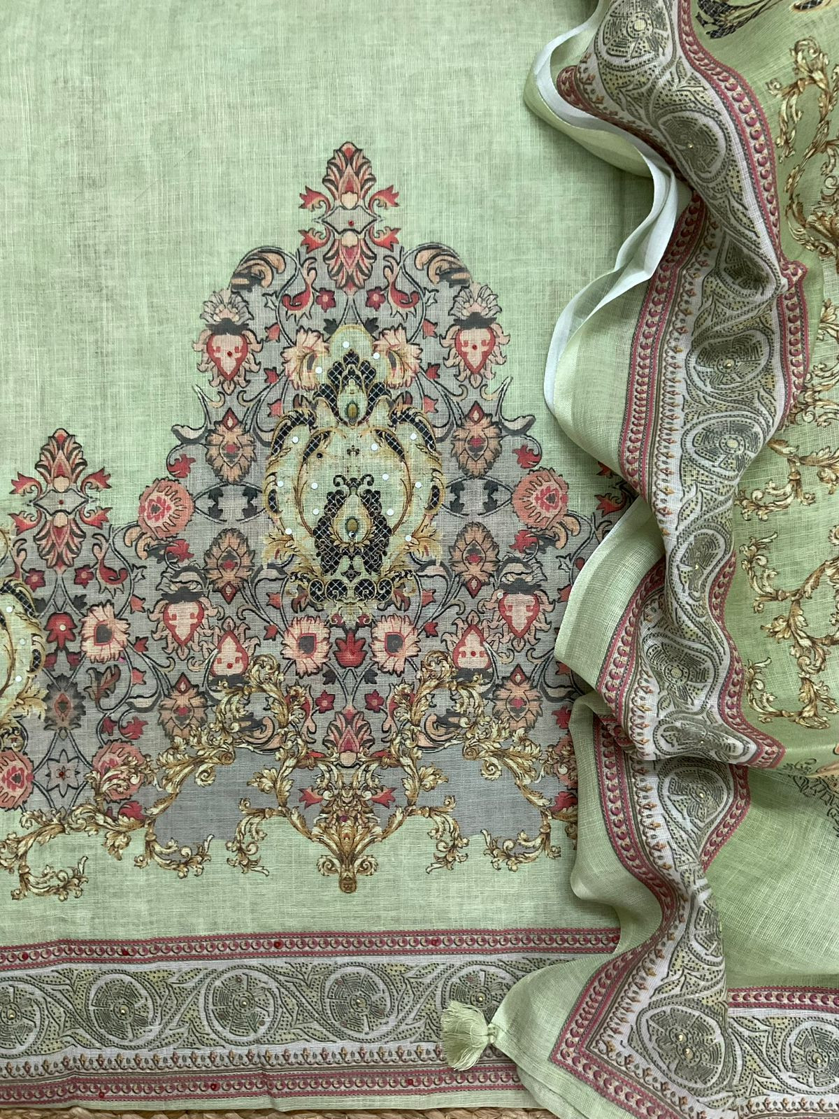 Soft Linen Jute Cotton Printed Embroidered Suit - Green