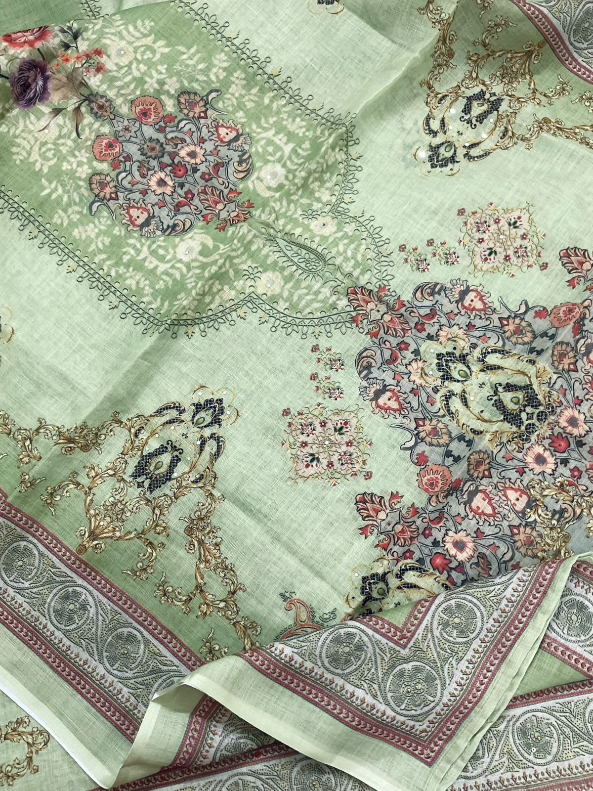 Soft Linen Jute Cotton Printed Embroidered Suit - Green