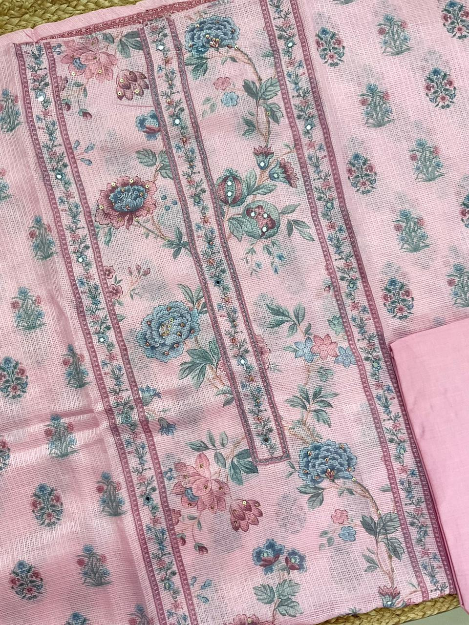 Soft Kota Silk Printed Embroidered Suit - Pink