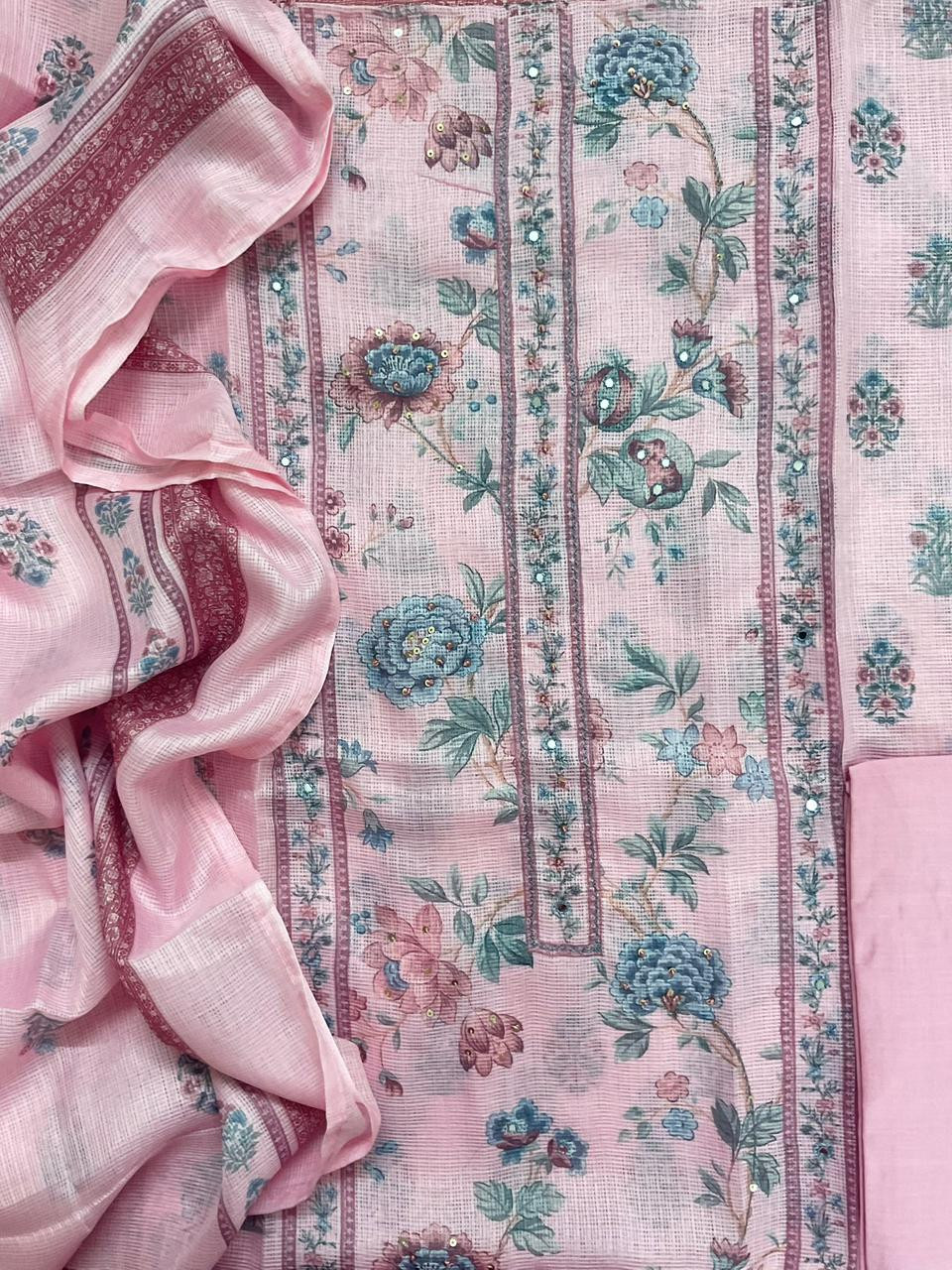 Soft Kota Silk Printed Embroidered Suit - Pink