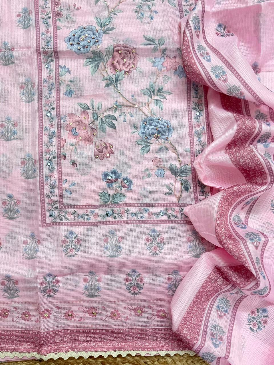 Soft Kota Silk Printed Embroidered Suit - Pink