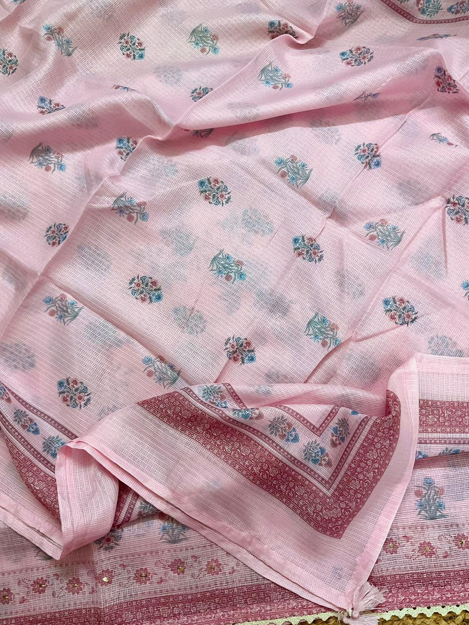 Soft Kota Silk Printed Embroidered Suit - Pink