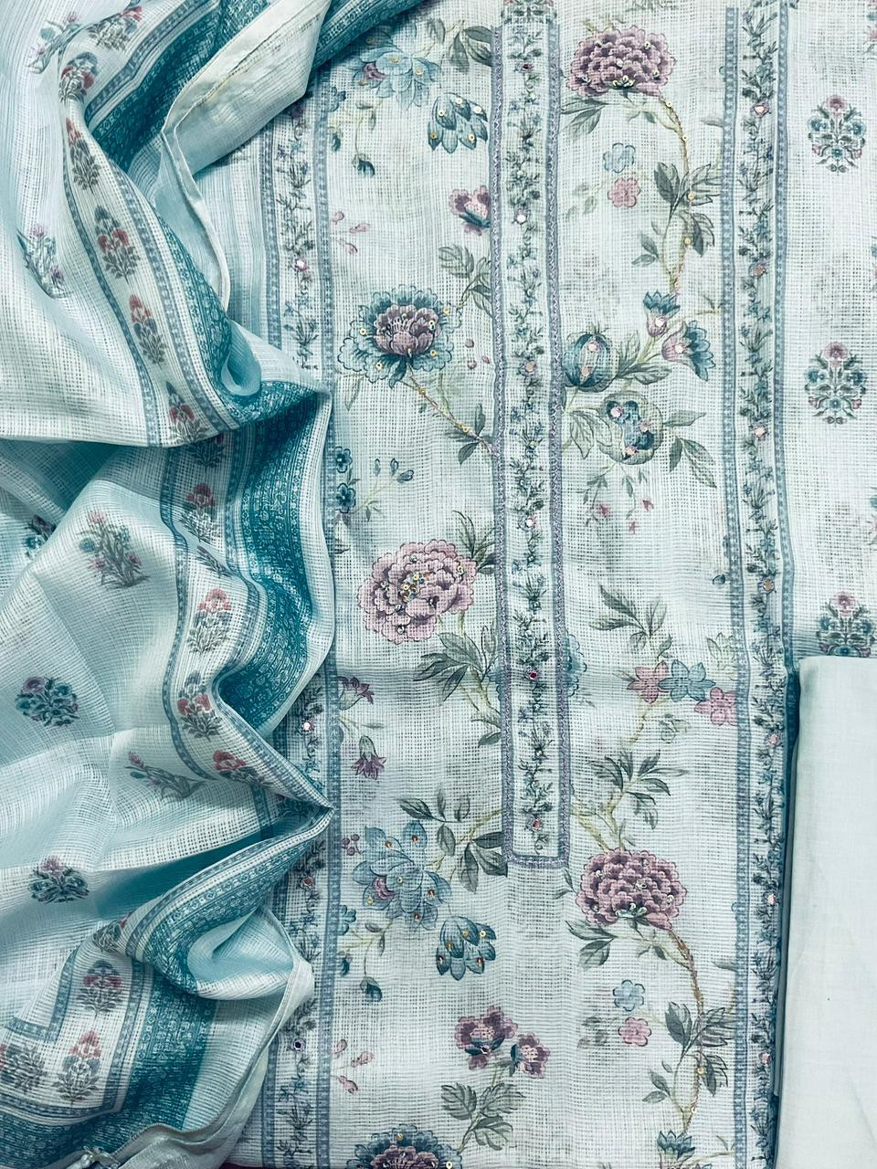 Soft Kota Silk Printed Embroidered Suit - Blue