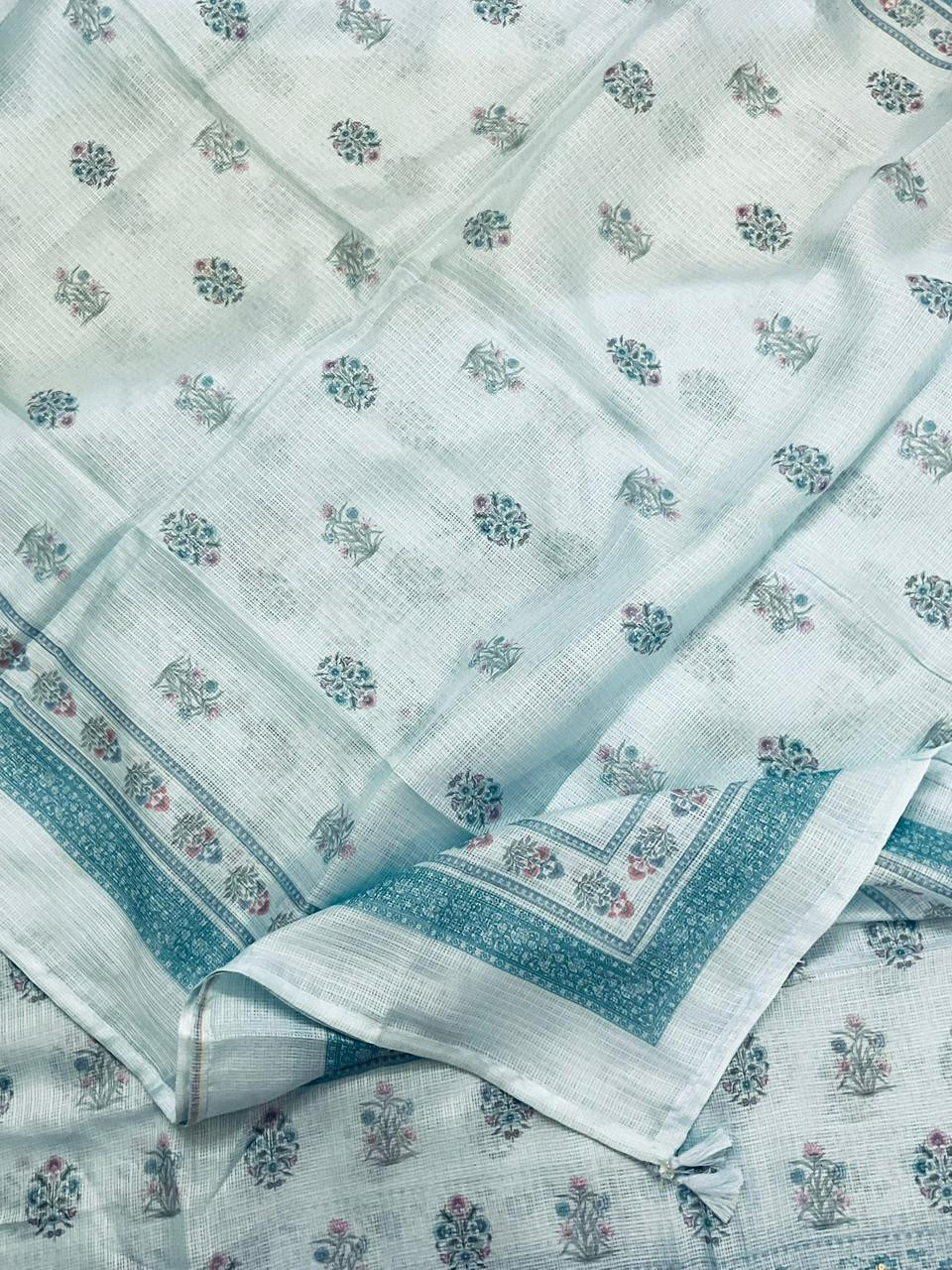 Soft Kota Silk Printed Embroidered Suit - Blue