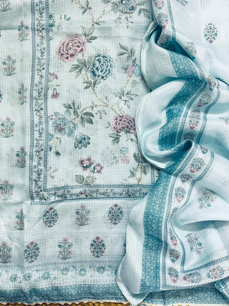 Soft Kota Silk Printed Embroidered Suit - Blue