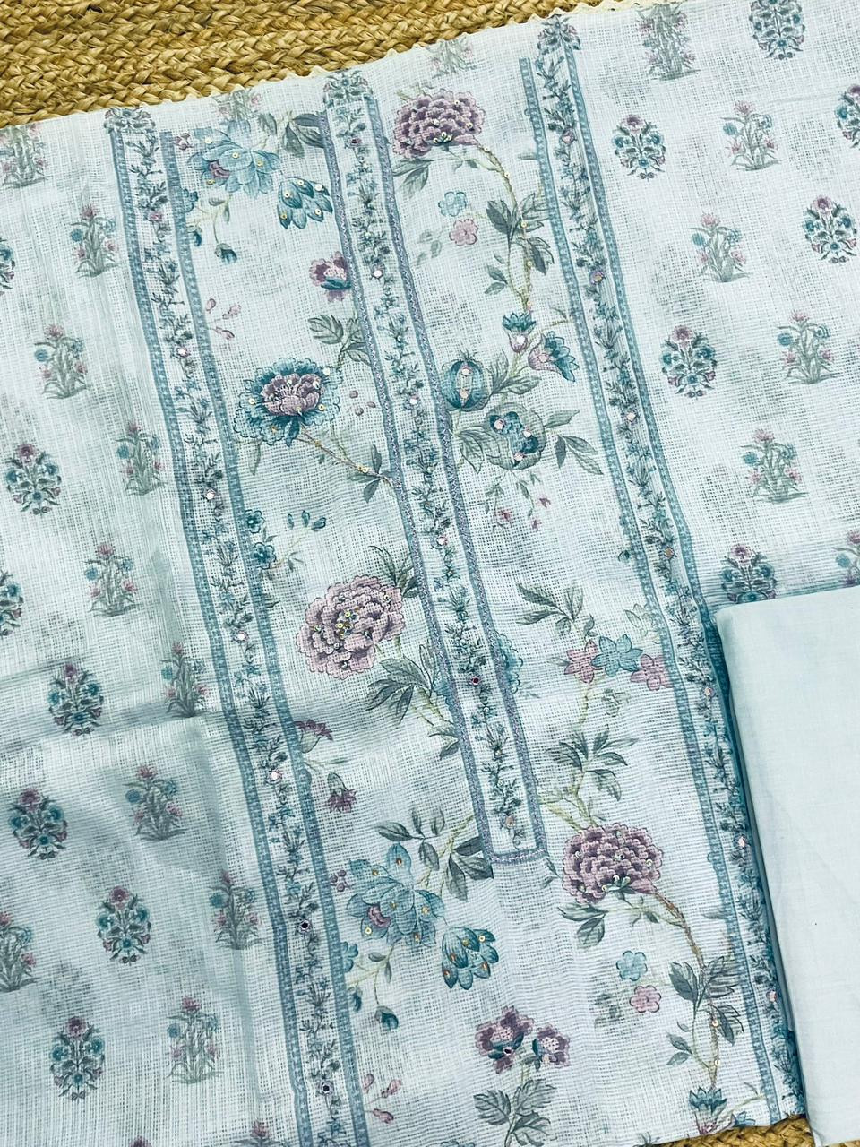 Soft Kota Silk Printed Embroidered Suit - Blue