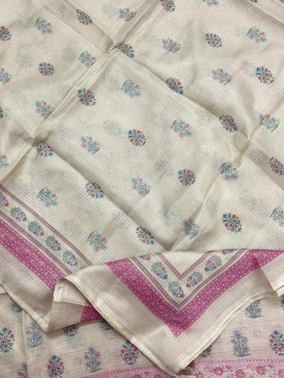 Soft Kota Silk Printed Embroidered Suit - Beige