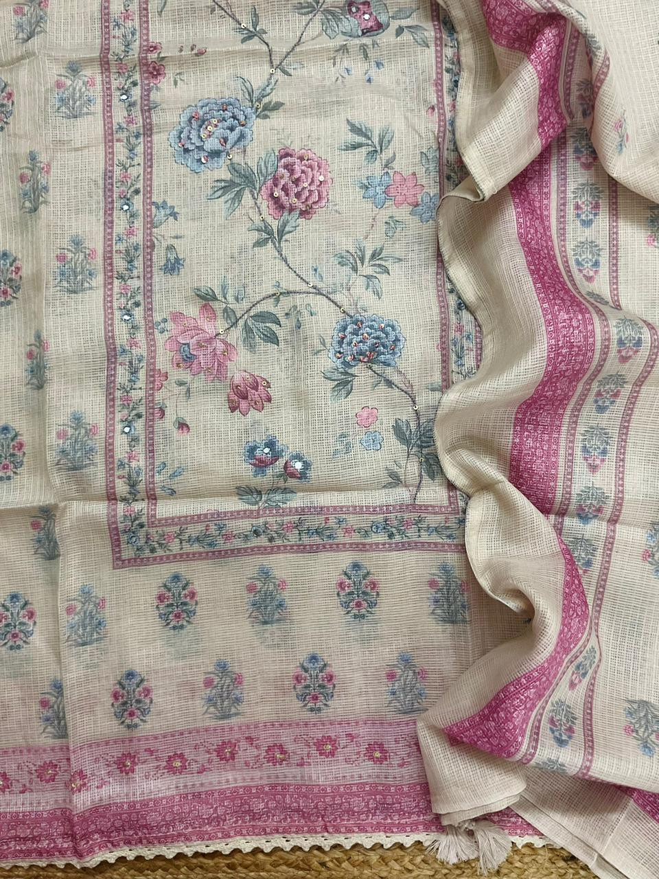 Soft Kota Silk Printed Embroidered Suit - Beige