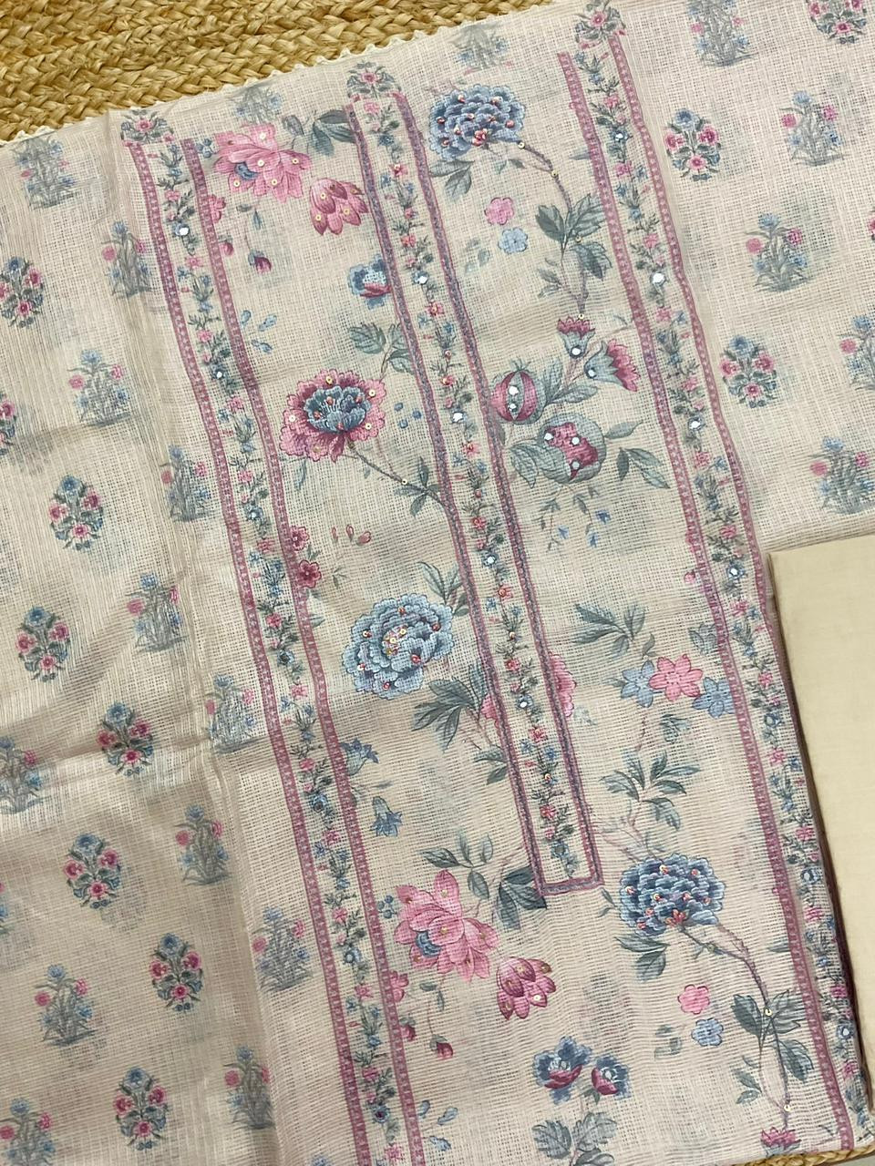 Soft Kota Silk Printed Embroidered Suit - Beige