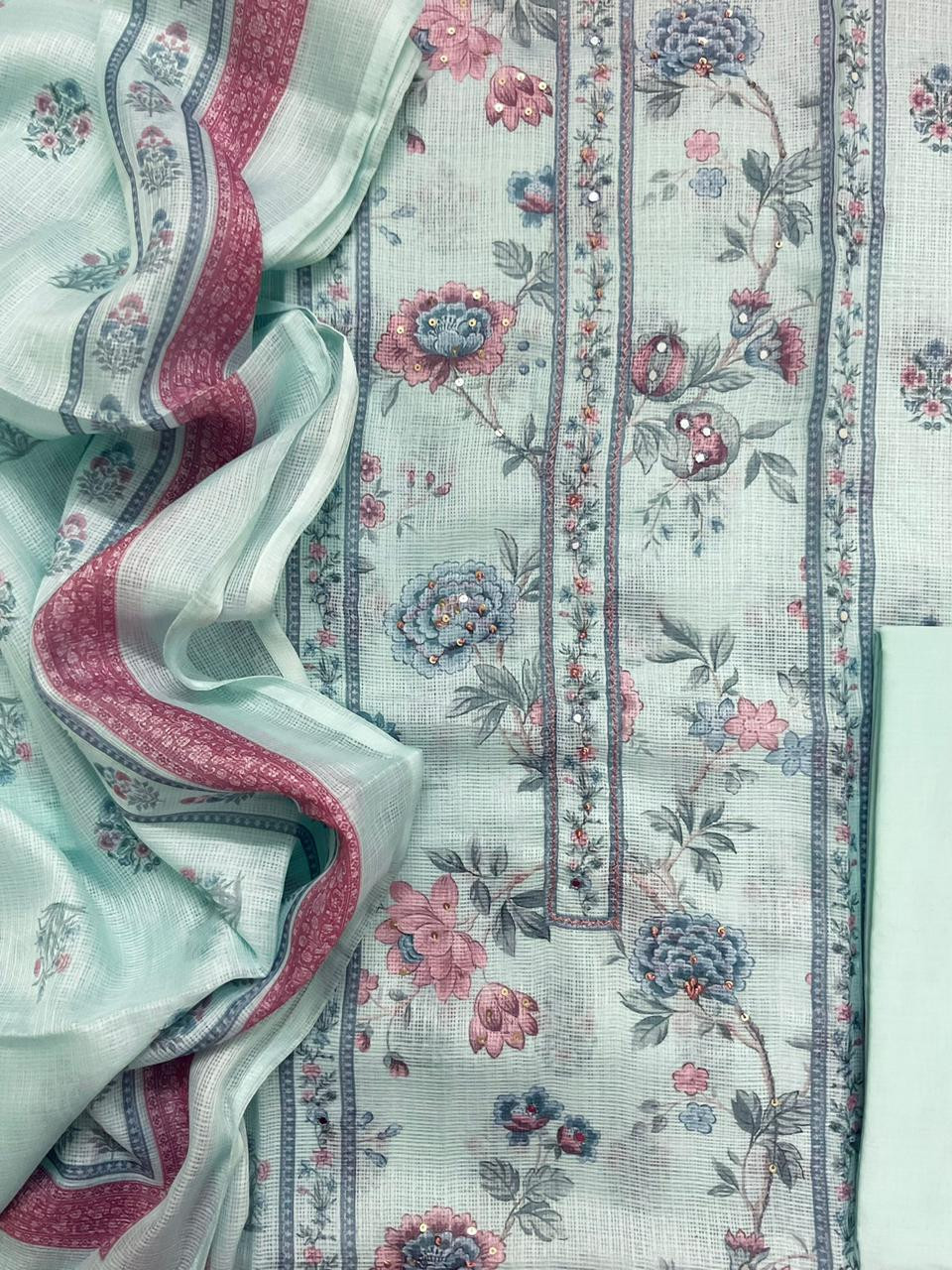 Soft Kota Silk Printed Embroidered Suit - Sea Blue