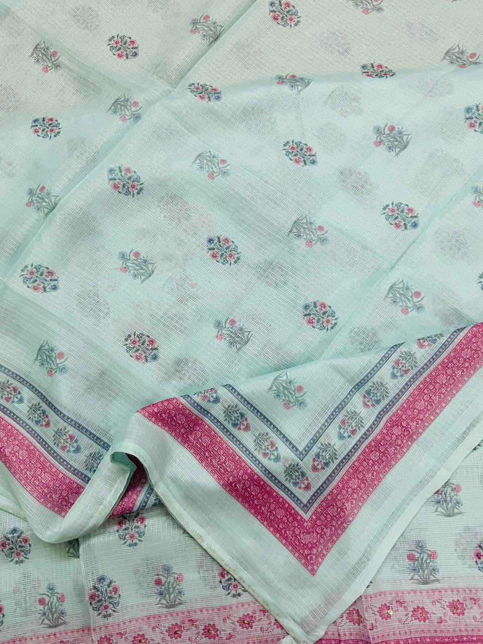 Soft Kota Silk Printed Embroidered Suit - Sea Blue