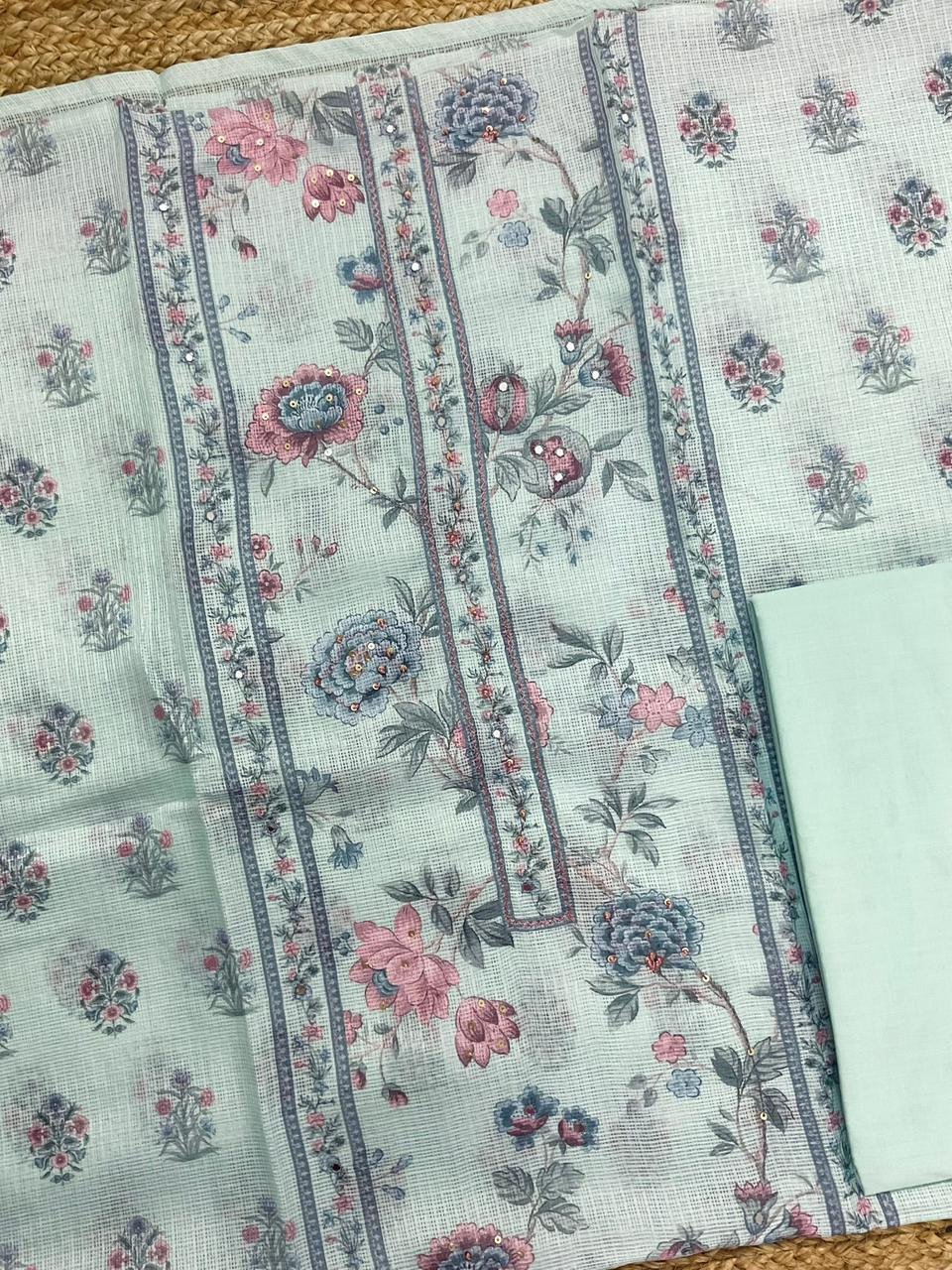 Soft Kota Silk Printed Embroidered Suit - Sea Blue