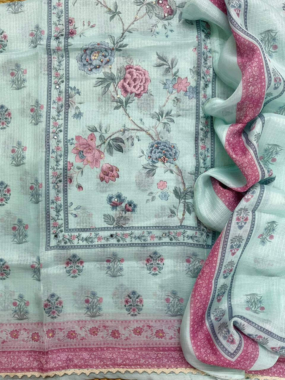 Soft Kota Silk Printed Embroidered Suit - Sea Blue