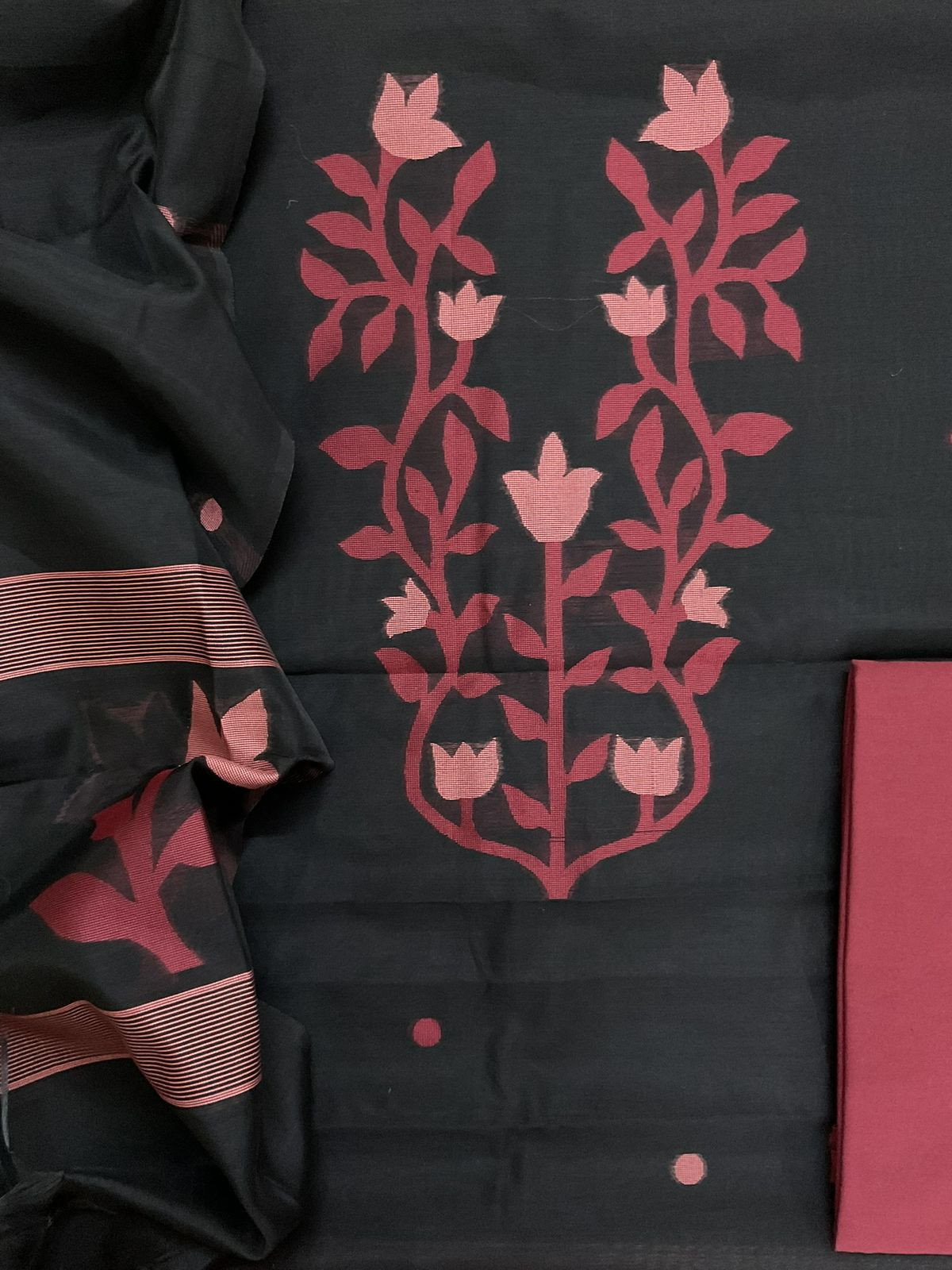 Soft Kora Chanderi Jamdani Weaved Suit - Black