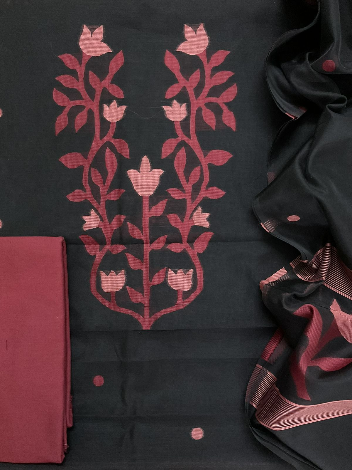 Soft Kora Chanderi Jamdani Weaved Suit - Black