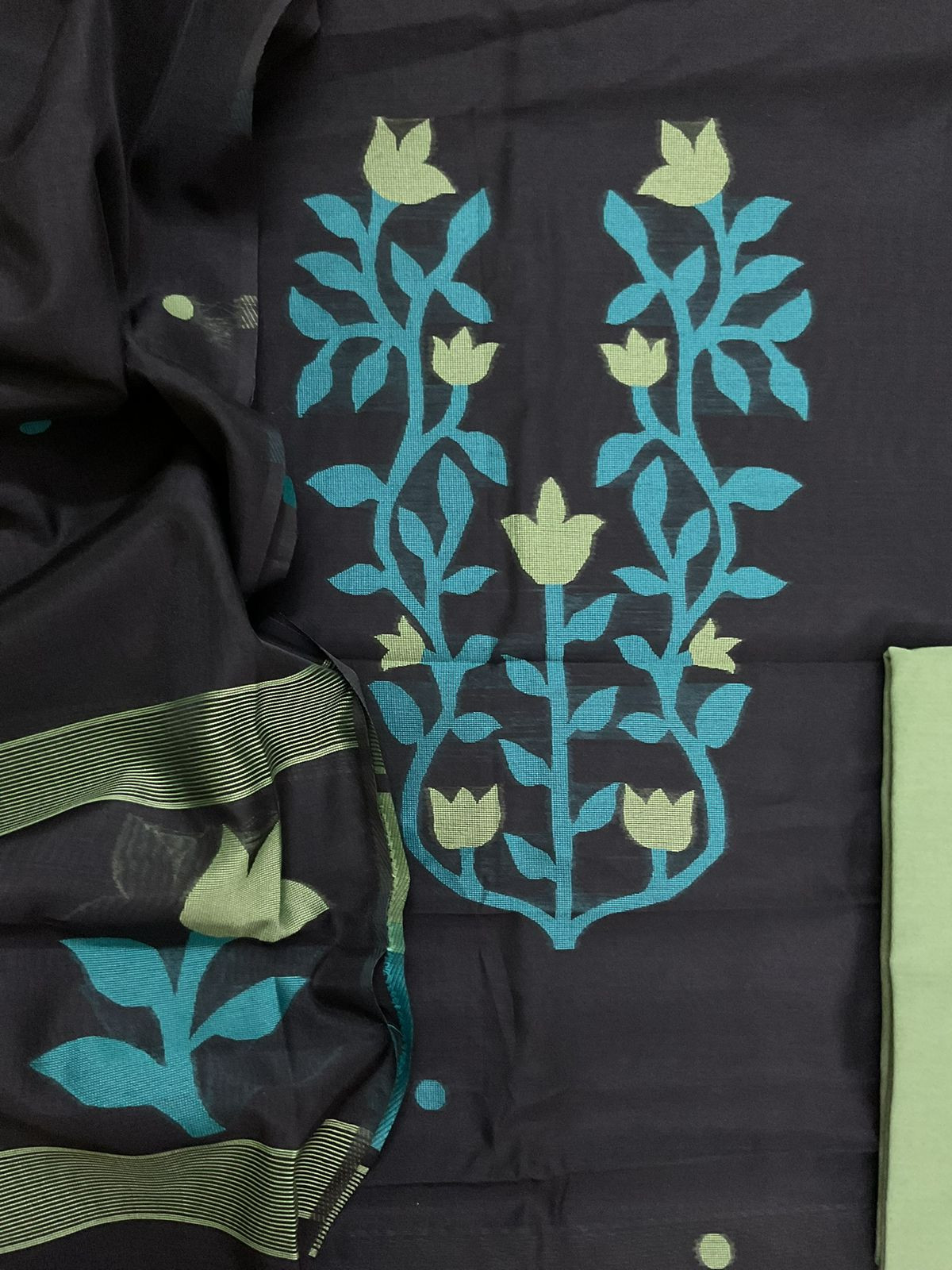 Soft Kora Chanderi Jamdani Weaved Suit - Black