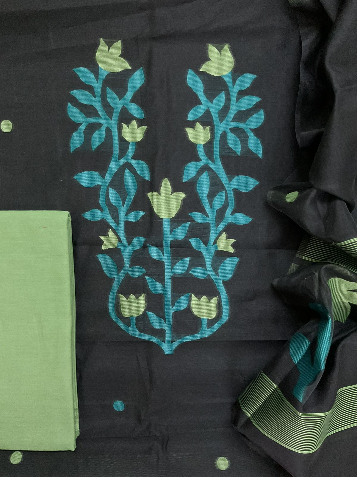 Soft Kora Chanderi Jamdani Weaved Suit - Black