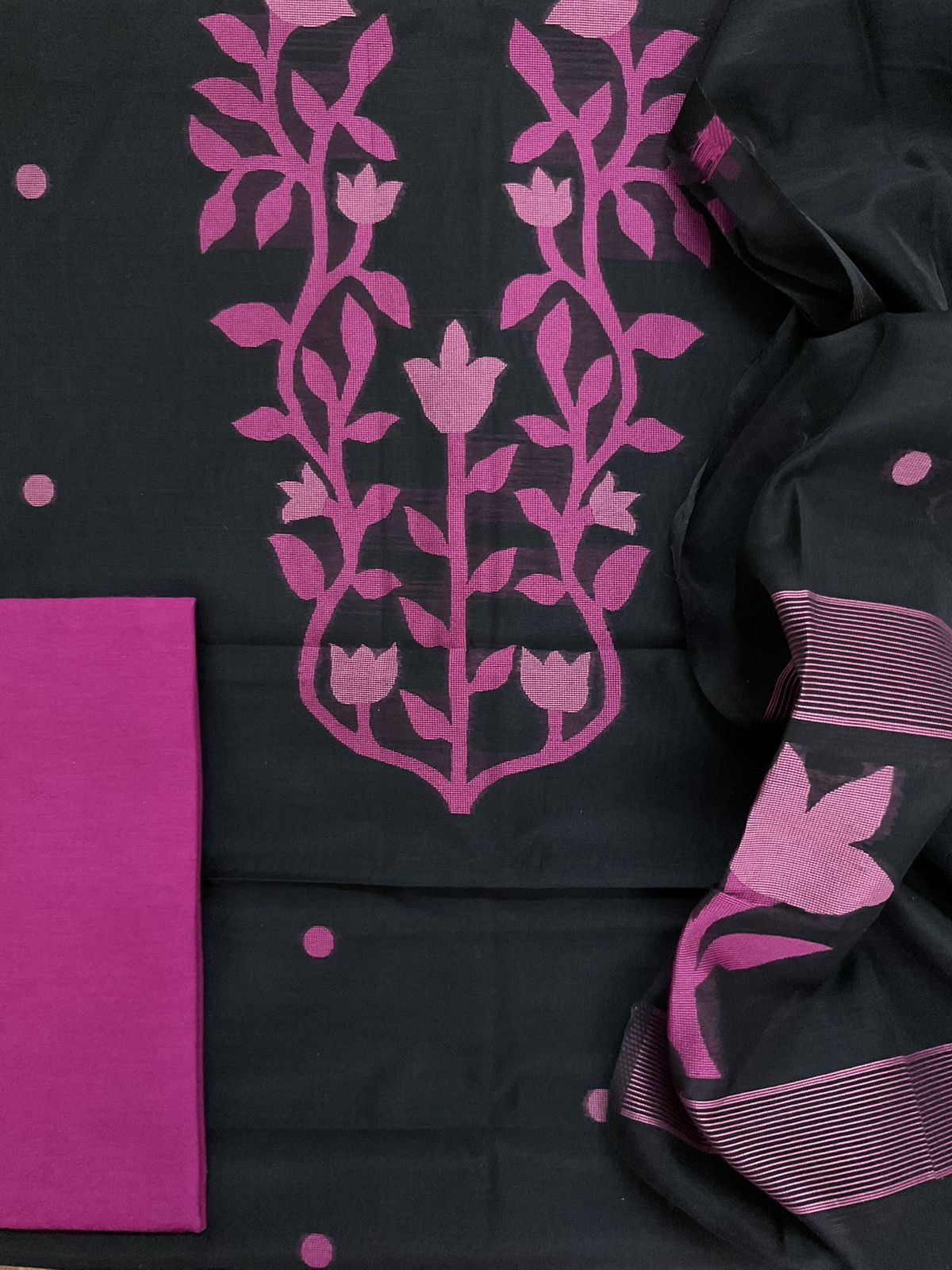 Soft Kora Chanderi Jamdani Weaved Suit - Black