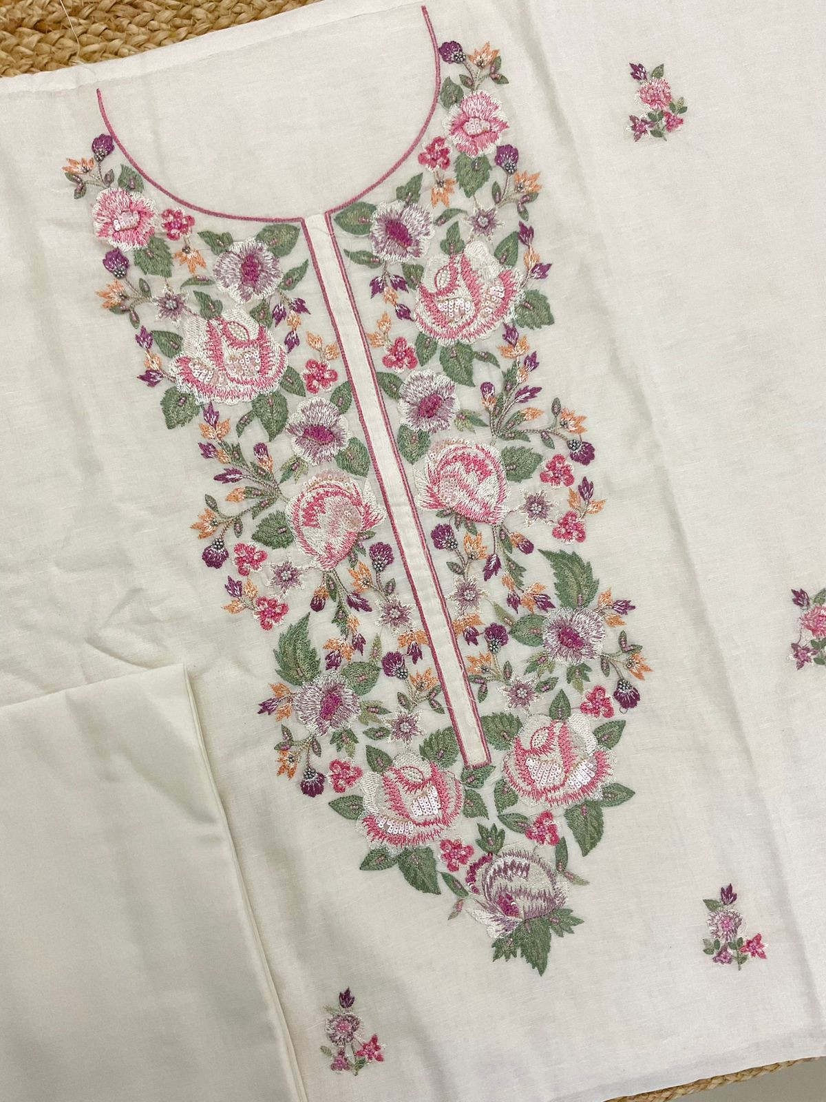 Pure Linen Cotton Embroidered Suit - Off White