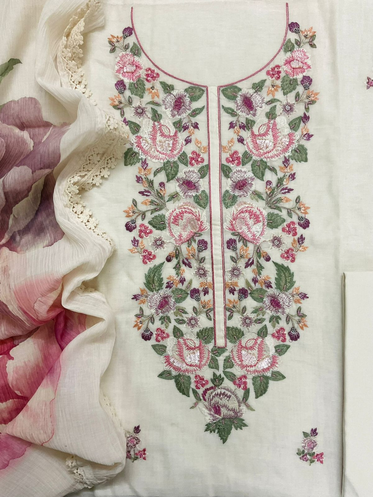 Pure Linen Cotton Embroidered Suit - Off White