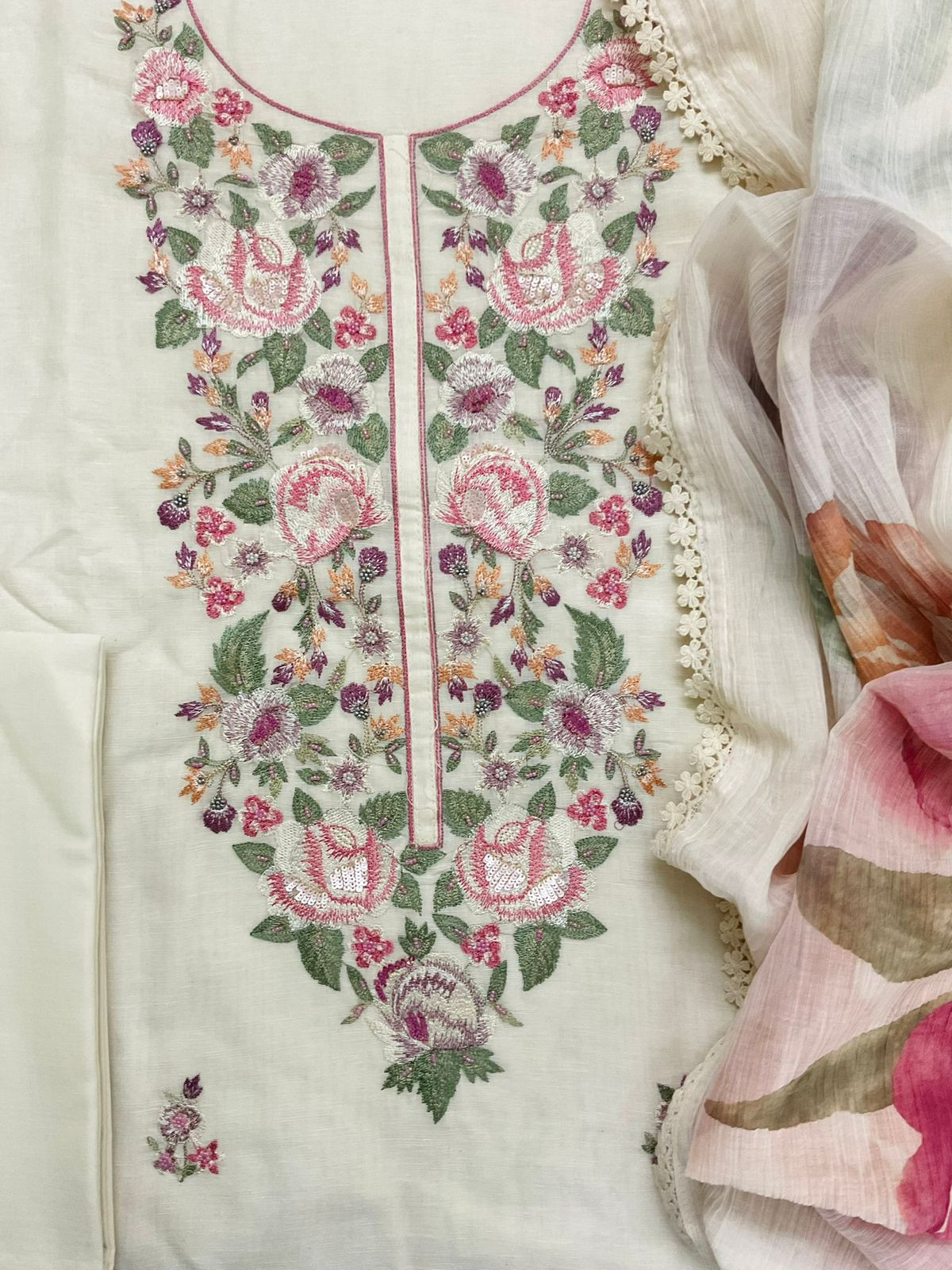 Pure Linen Cotton Embroidered Suit - Off White