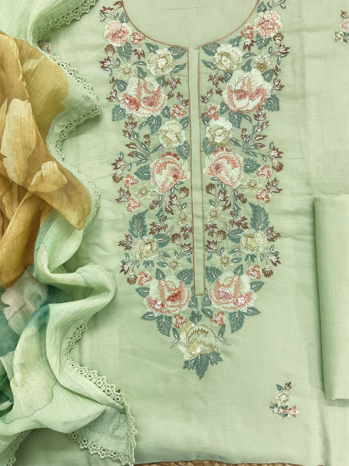 Pure Linen Cotton Embroidered Suit - Green