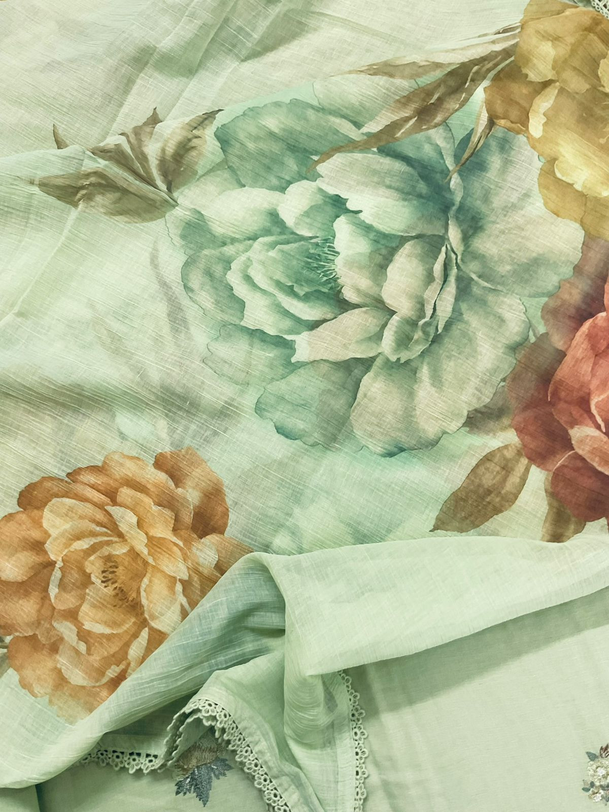 Pure Linen Cotton Embroidered Suit - Green