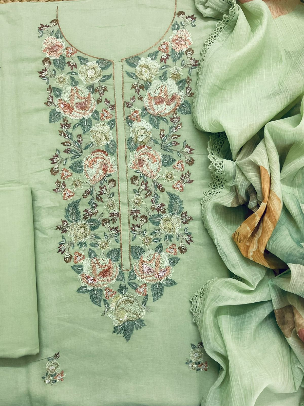 Pure Linen Cotton Embroidered Suit - Green
