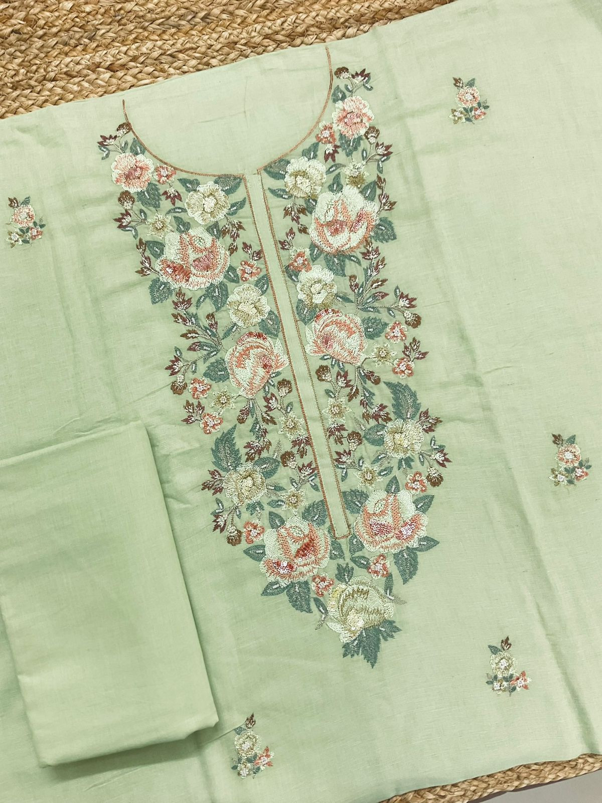 Pure Linen Cotton Embroidered Suit - Green