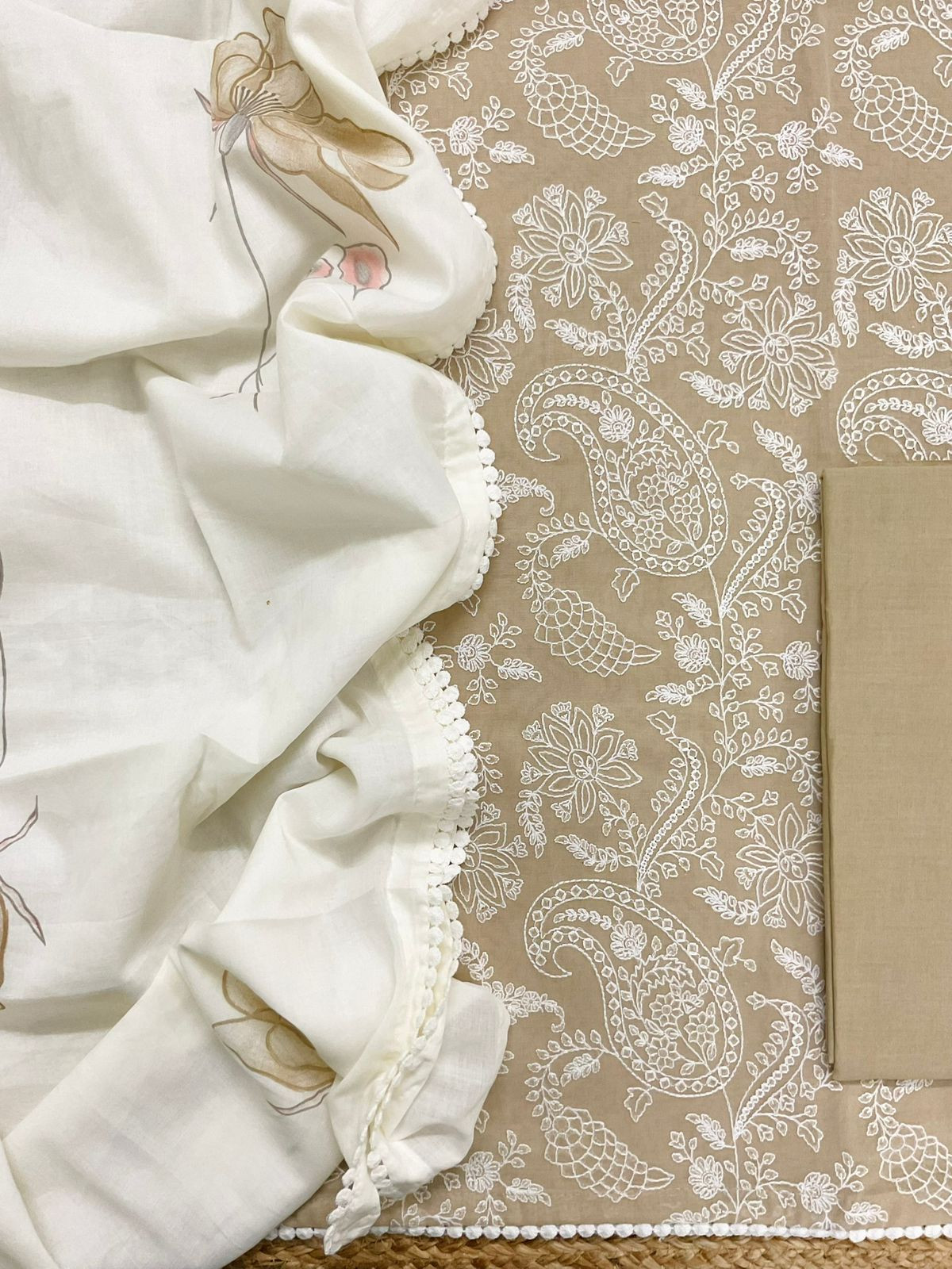 Pure Rubia Cotton Embroidered Suit - Beige