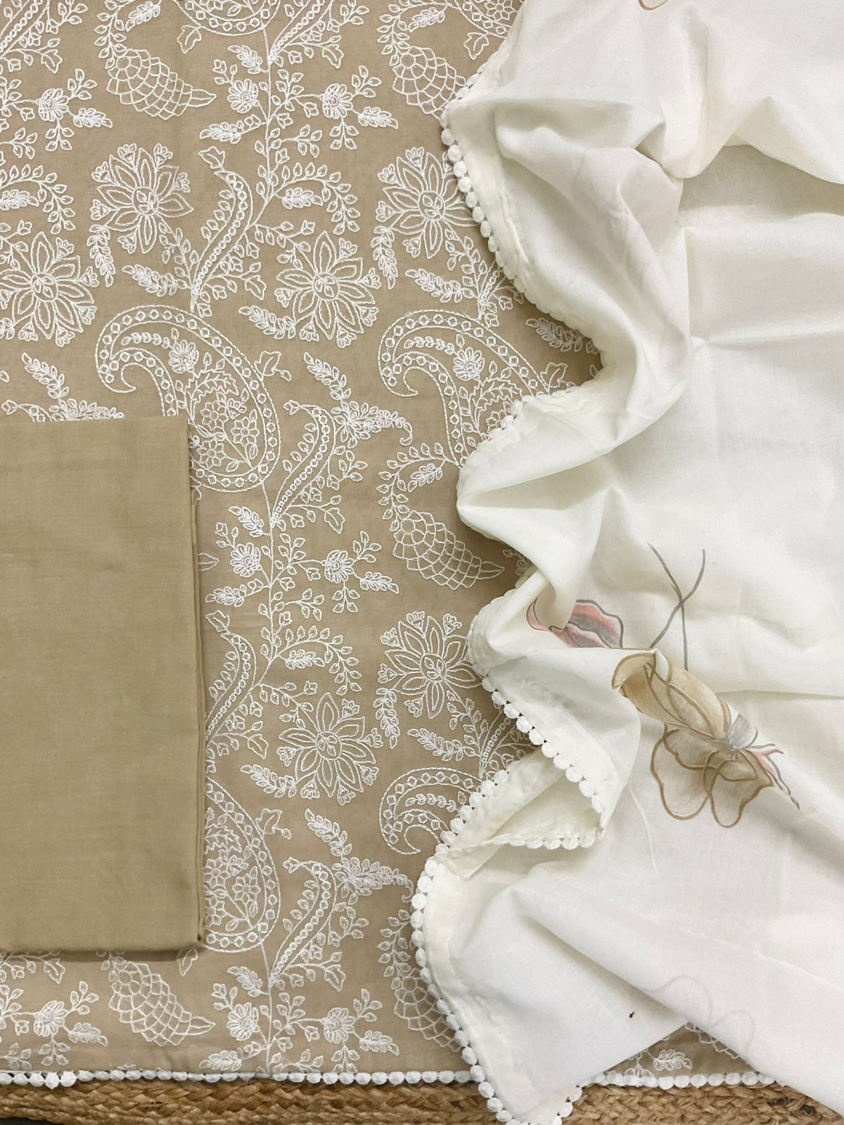 Pure Rubia Cotton Embroidered Suit - Beige