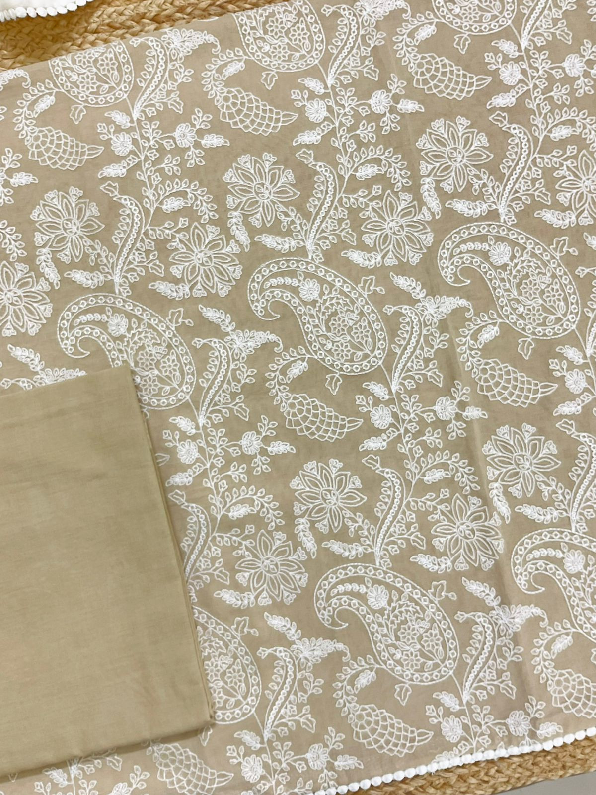 Pure Rubia Cotton Embroidered Suit - Beige