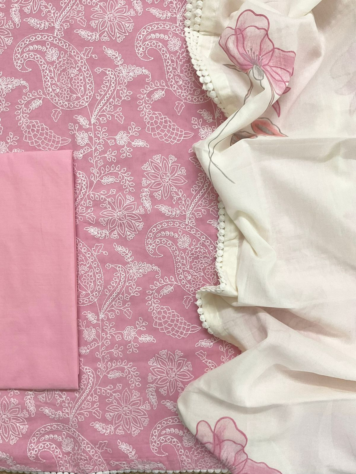 Pure Rubia Cotton Embroidered Suit - Pink