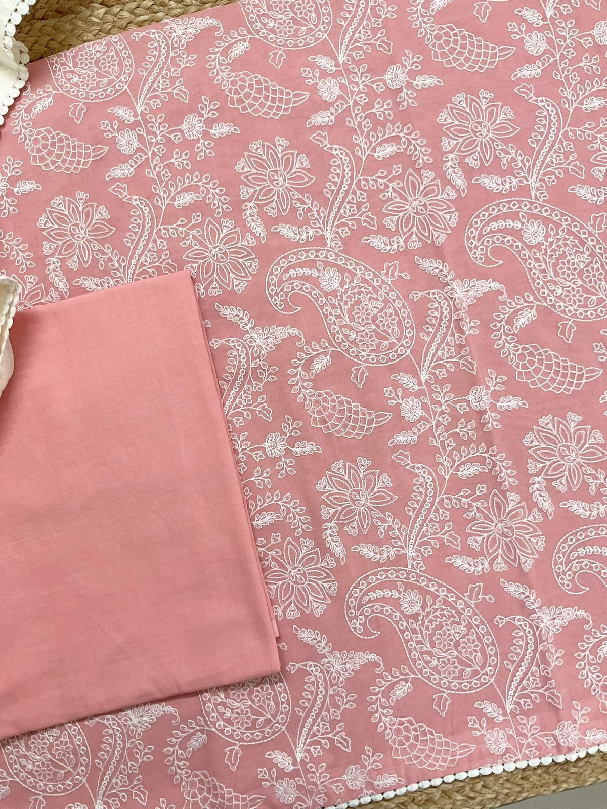 Pure Rubia Cotton Embroidered Suit - Peach