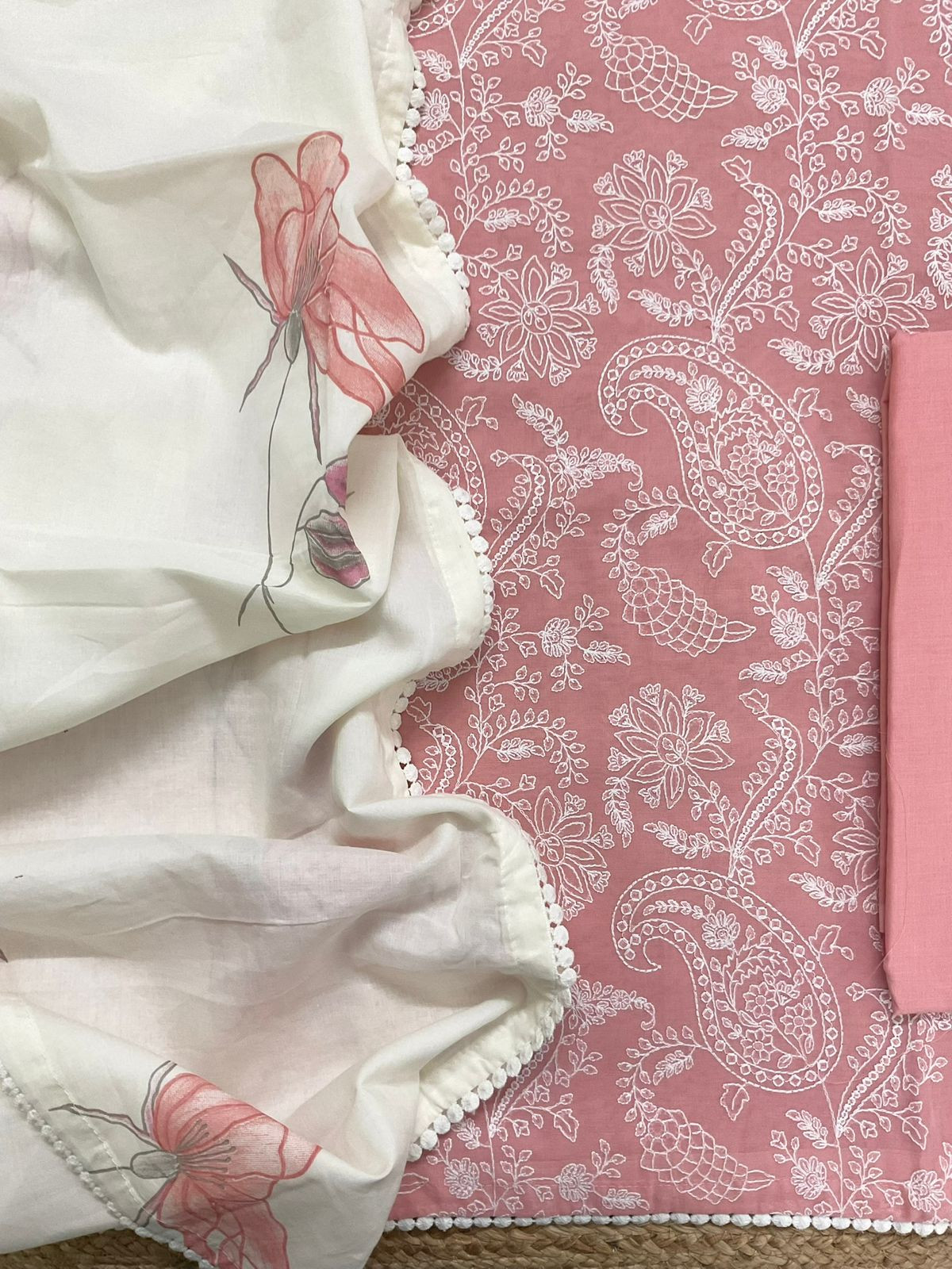 Pure Rubia Cotton Embroidered Suit - Peach