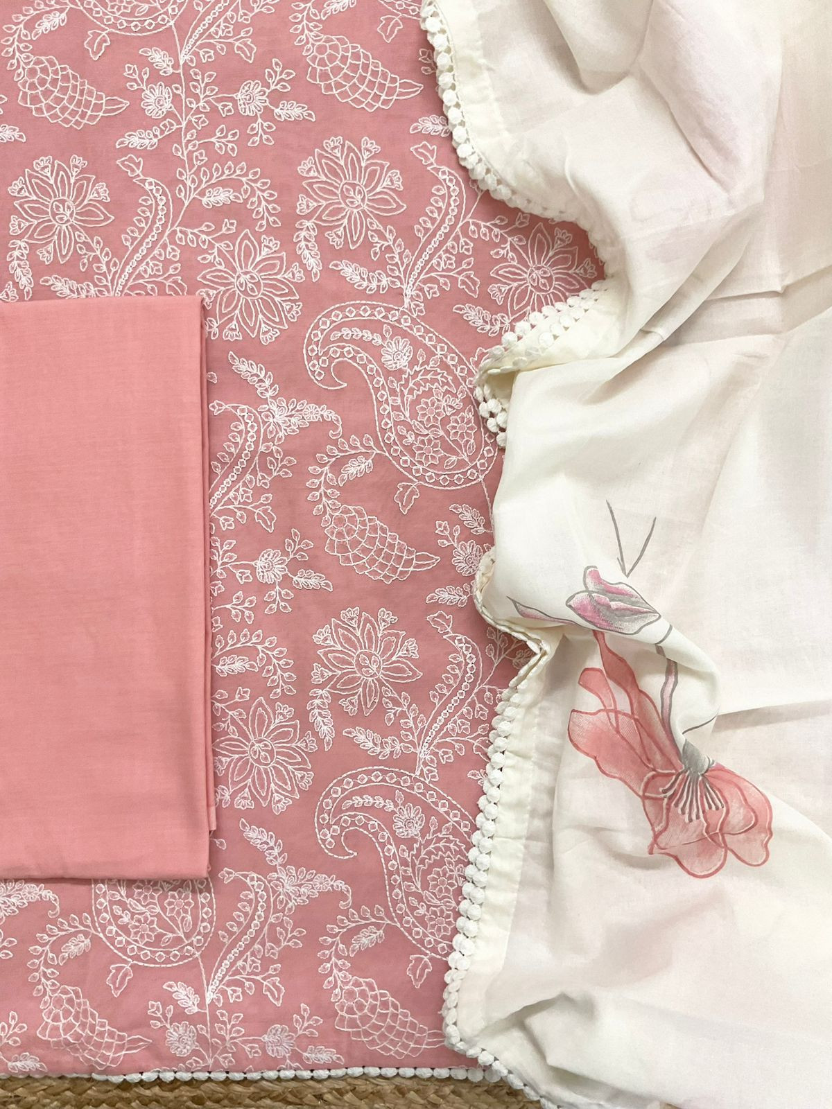 Pure Rubia Cotton Embroidered Suit - Peach