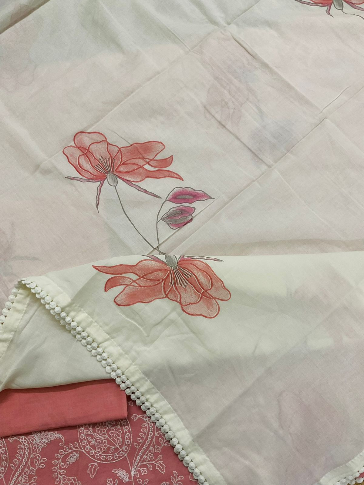 Pure Rubia Cotton Embroidered Suit - Peach