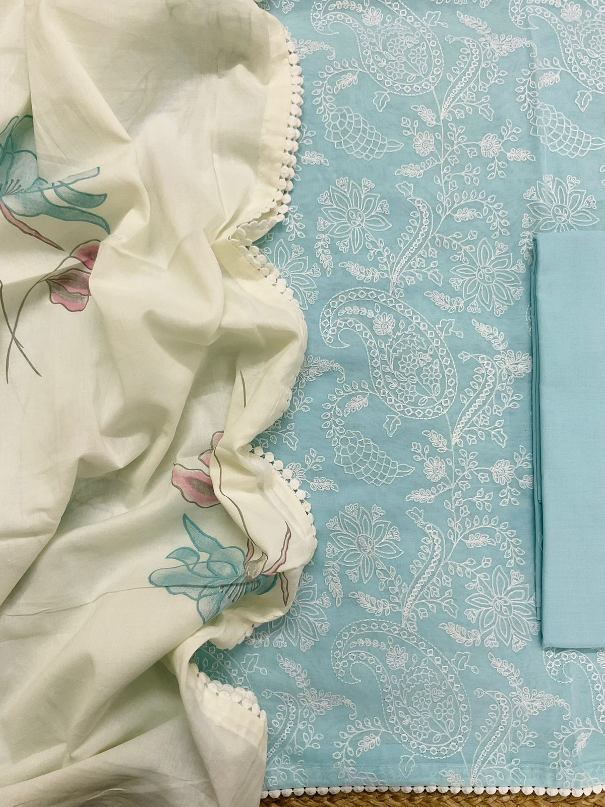 Pure Rubia Cotton Embroidered Suit - Blue