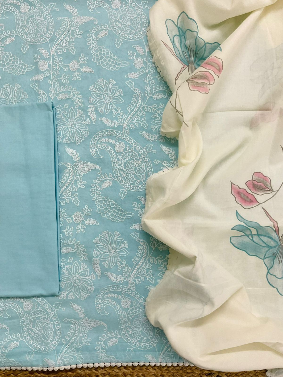 Pure Rubia Cotton Embroidered Suit - Blue
