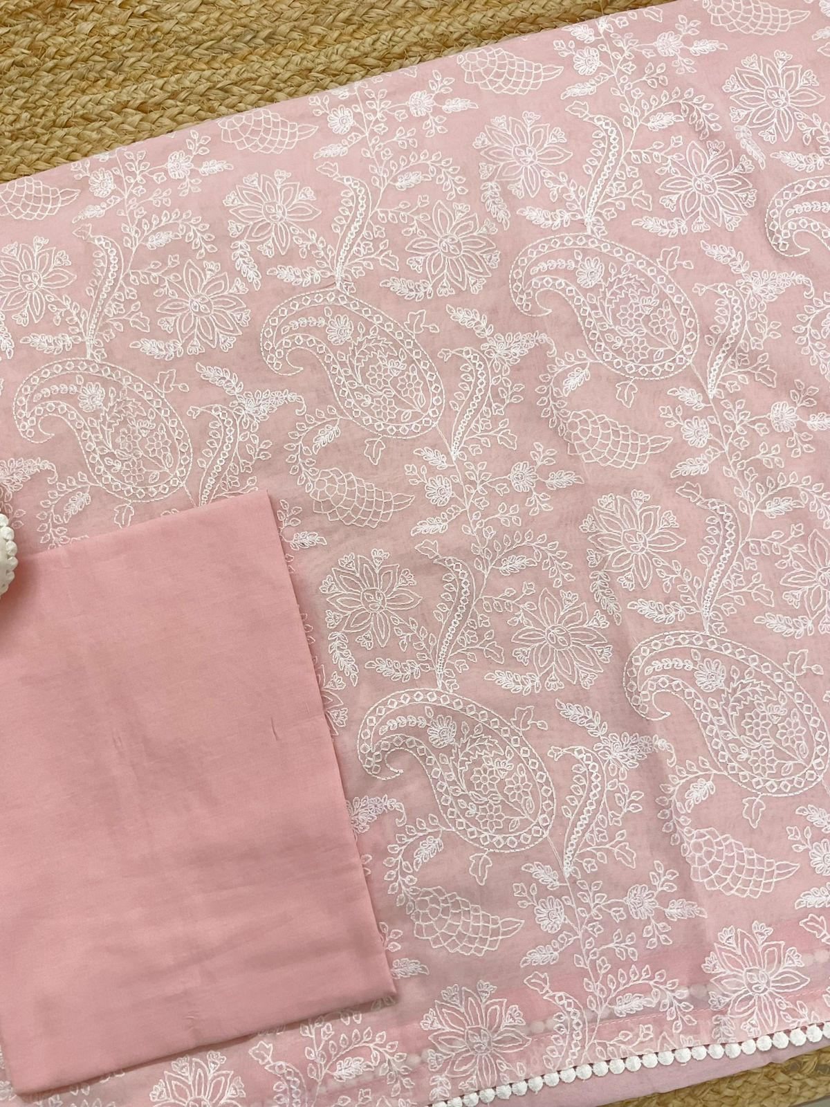 Pure Rubia Cotton Embroidered Suit - Baby Pink