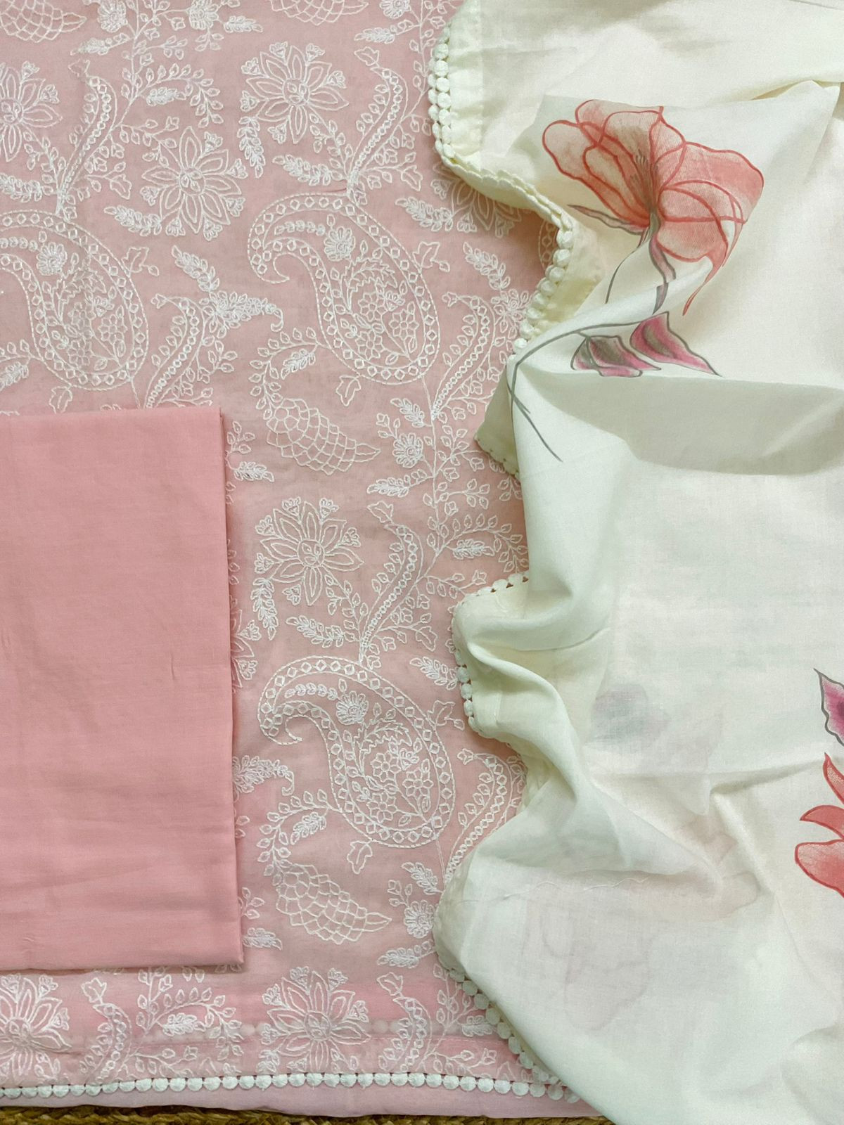 Pure Rubia Cotton Embroidered Suit - Baby Pink