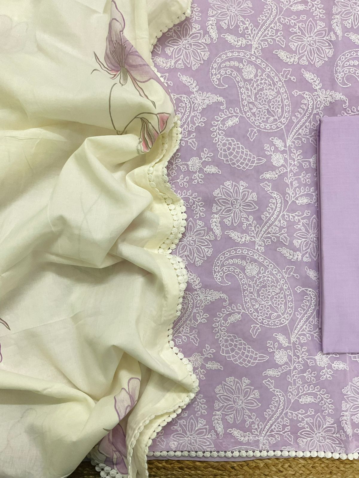 Pure Rubia Cotton Embroidered Suit - Lavender