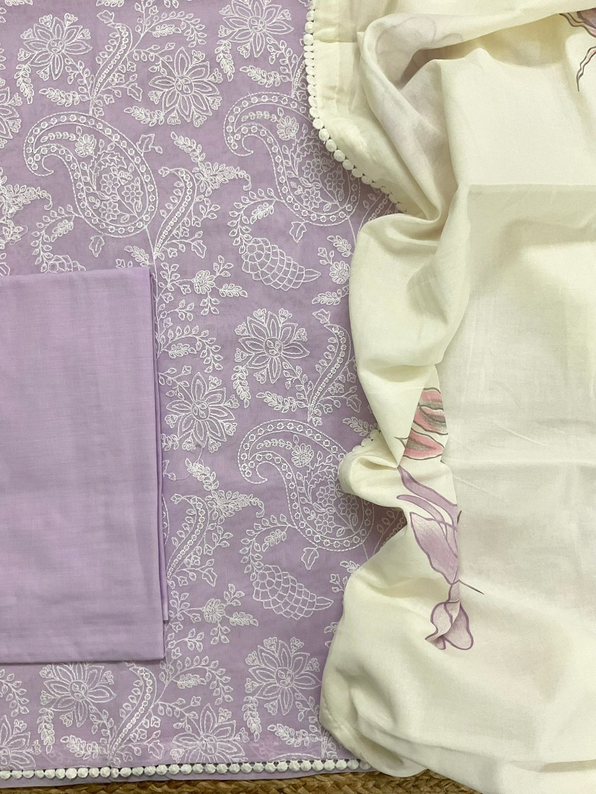 Pure Rubia Cotton Embroidered Suit - Lavender