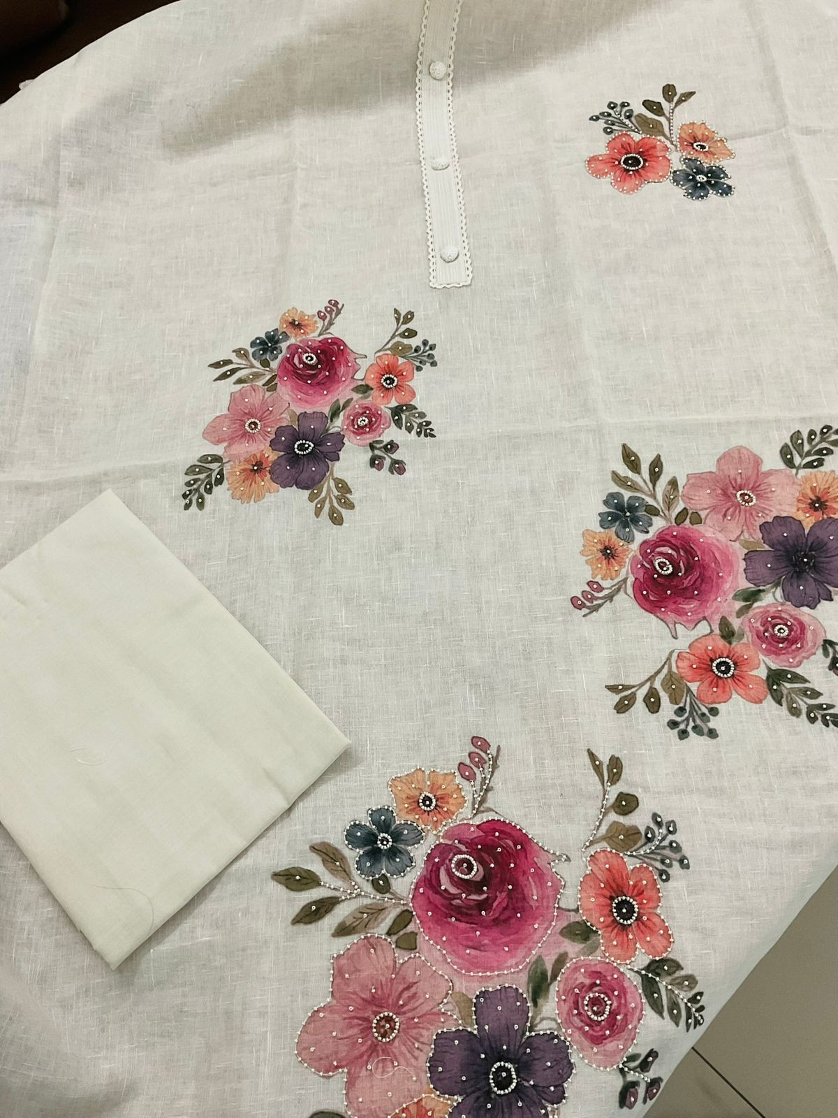 Pure Linen Jute Cotton Printed Embroidered Suit - Off White