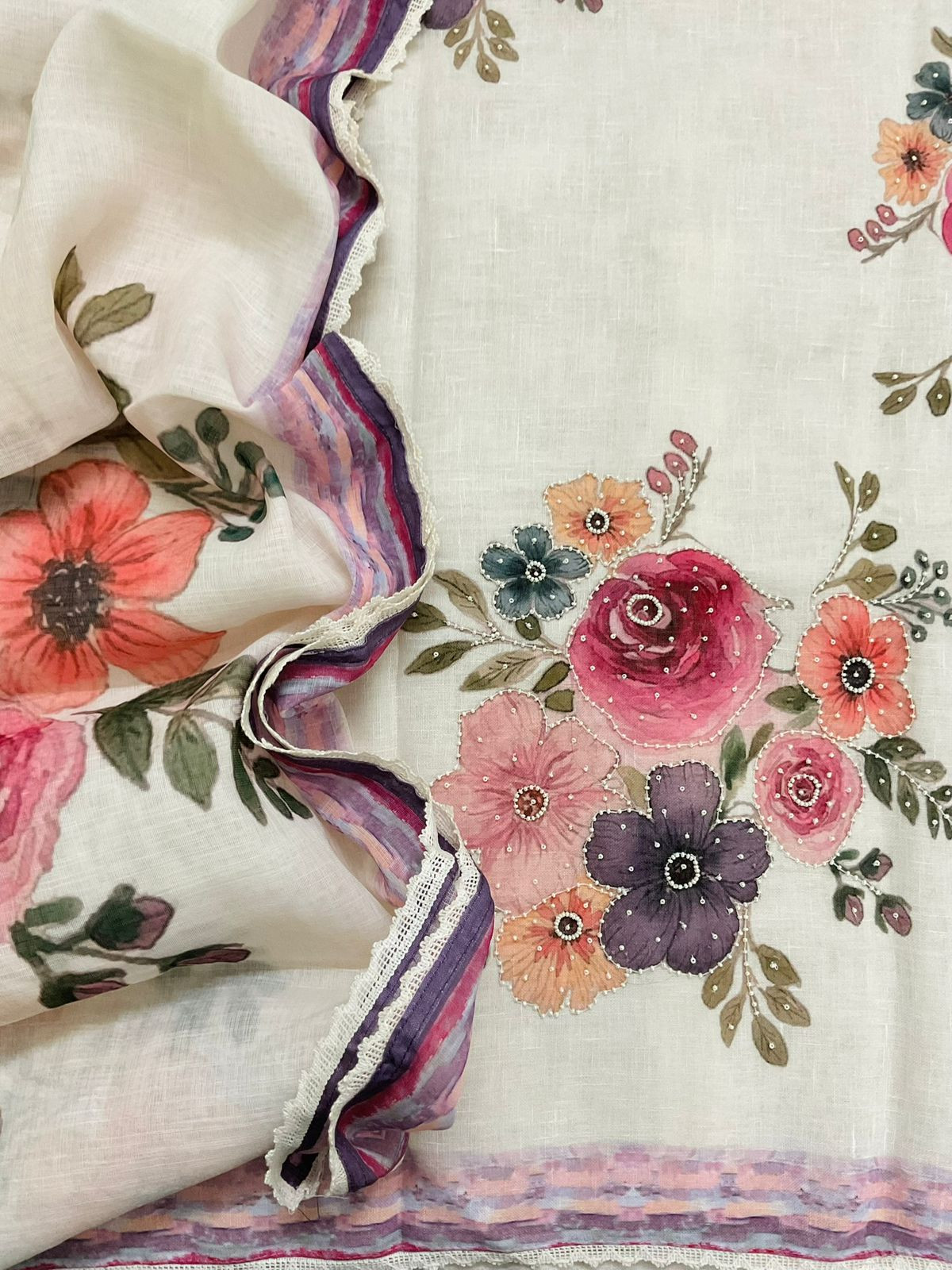 Pure Linen Jute Cotton Printed Embroidered Suit - Off White