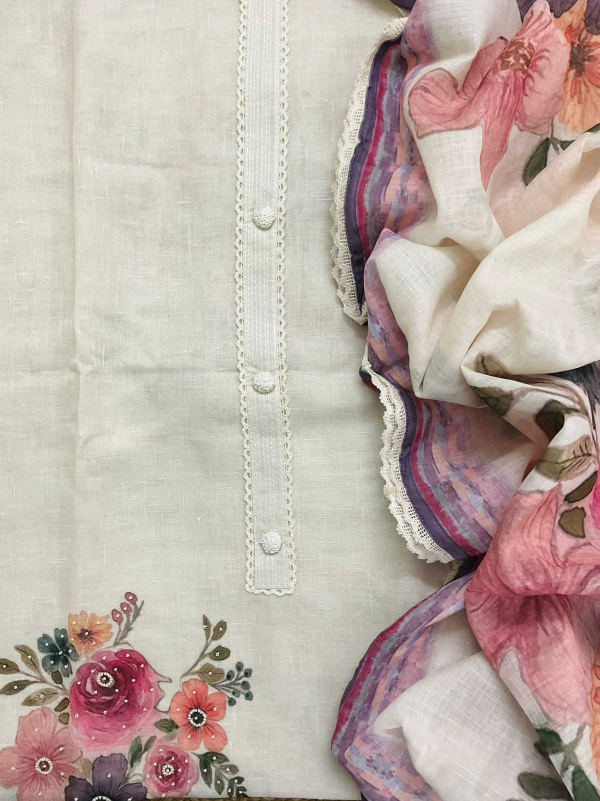Pure Linen Jute Cotton Printed Embroidered Suit - Off White