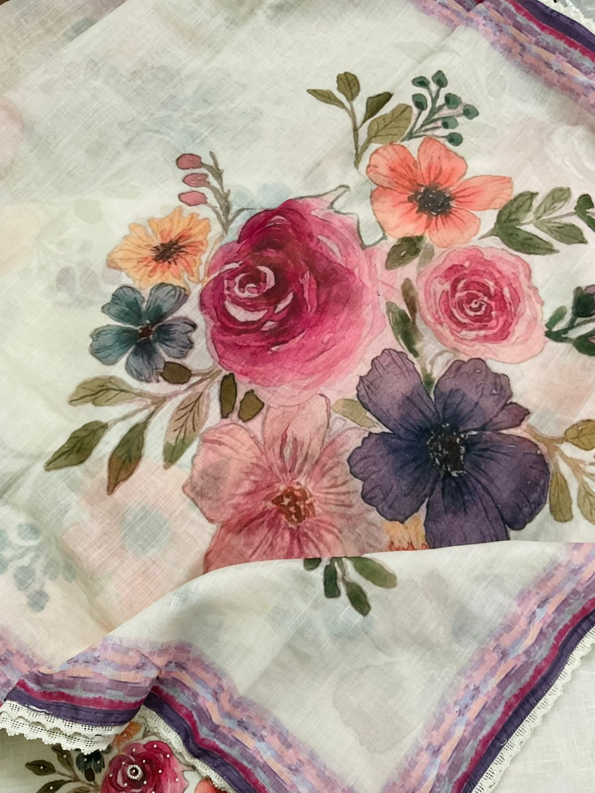 Pure Linen Jute Cotton Printed Embroidered Suit - Off White