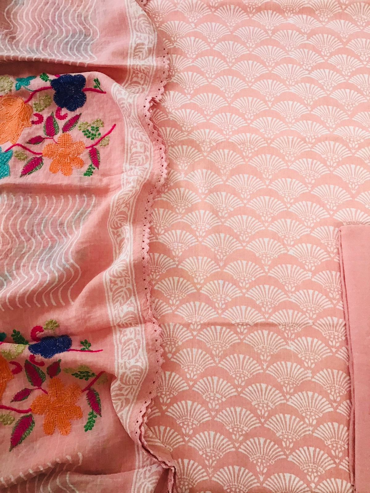 Pure Slub Cotton Printed Embroidered Suit - Peach